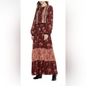 Scotch & Soda Burgundy and Pink Floral Long Sleeve Dress